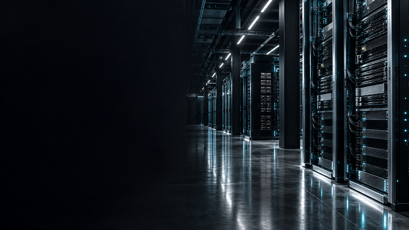 AI data centre with graphite server racks and cool white lighting