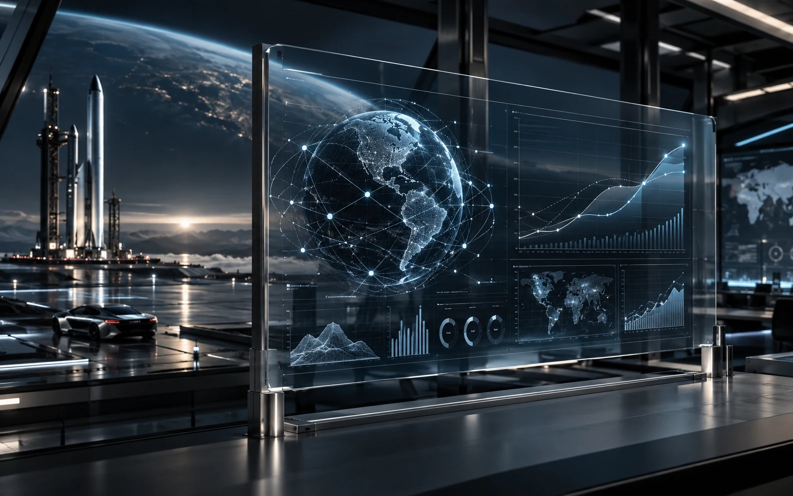 Holographic analytics dashboard with global data visualisations