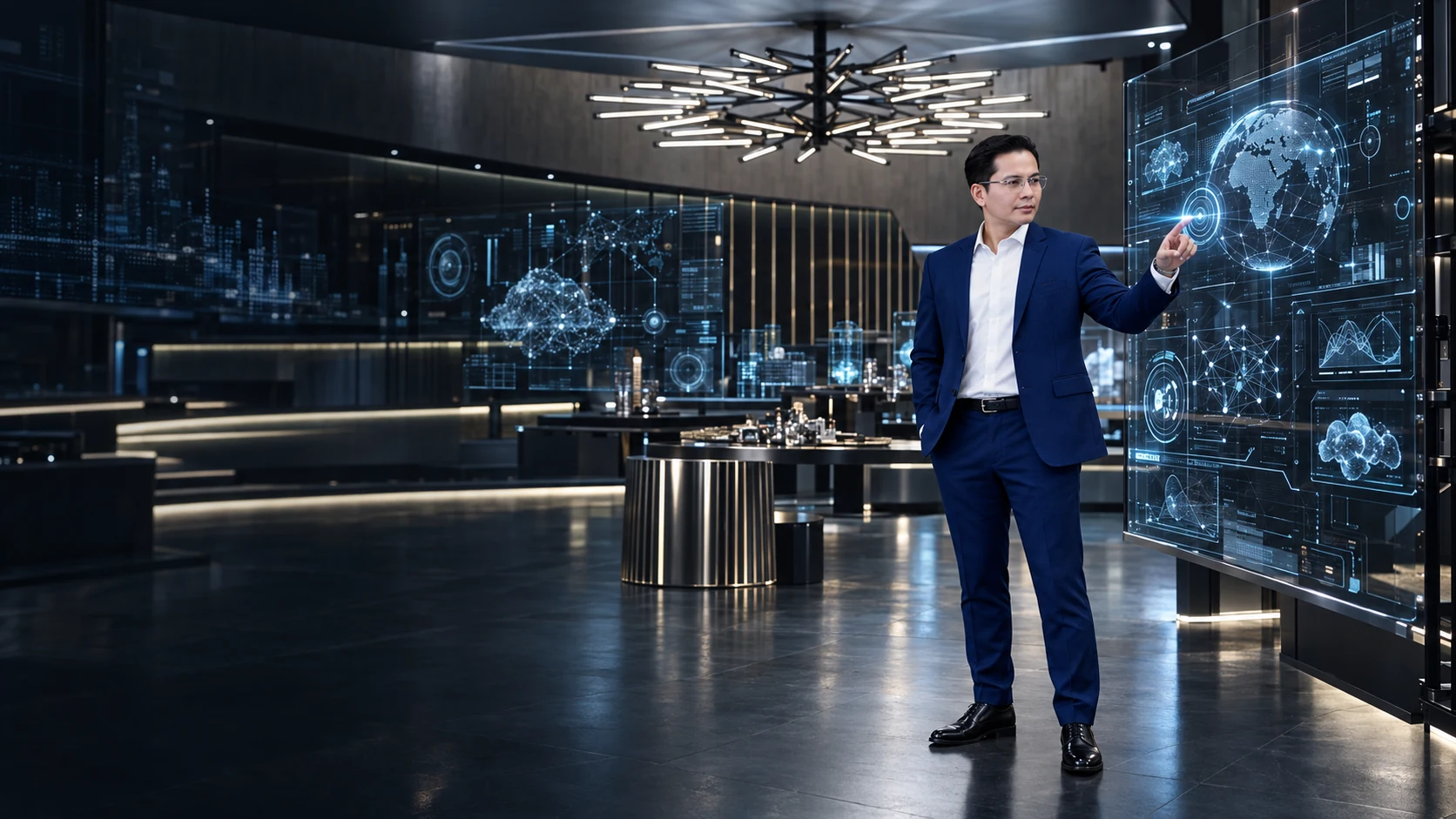 Full-body corporate portrait looking at a holographic AI screen in a technology lab