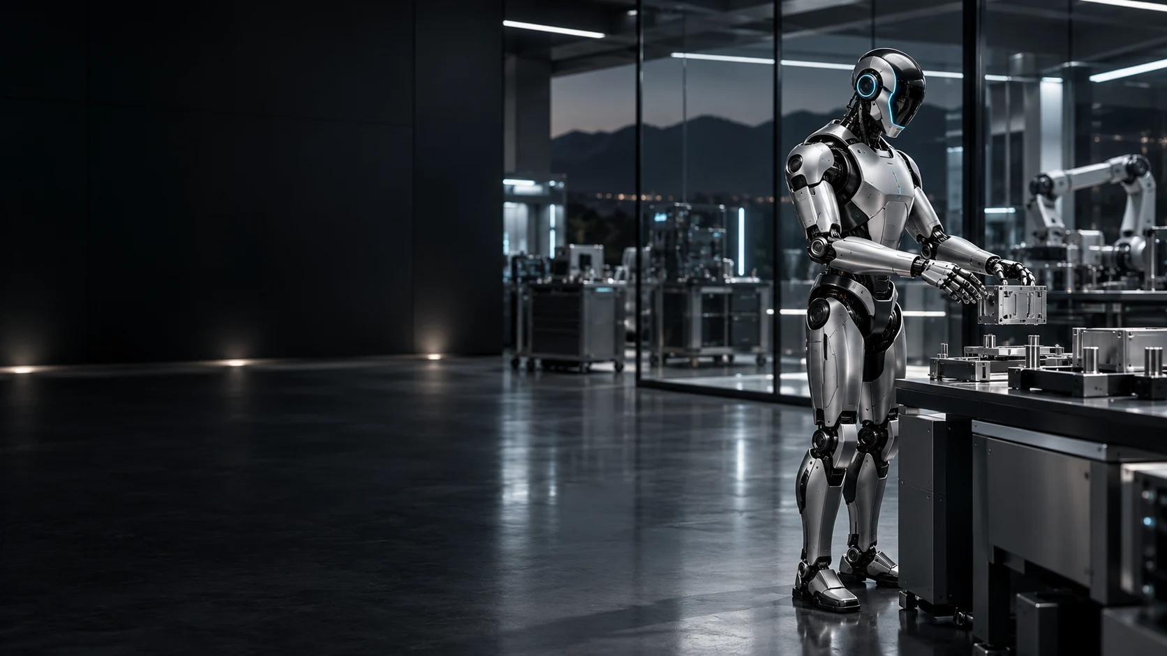 Silver humanoid robot handling a precision component in an advanced robotics laboratory