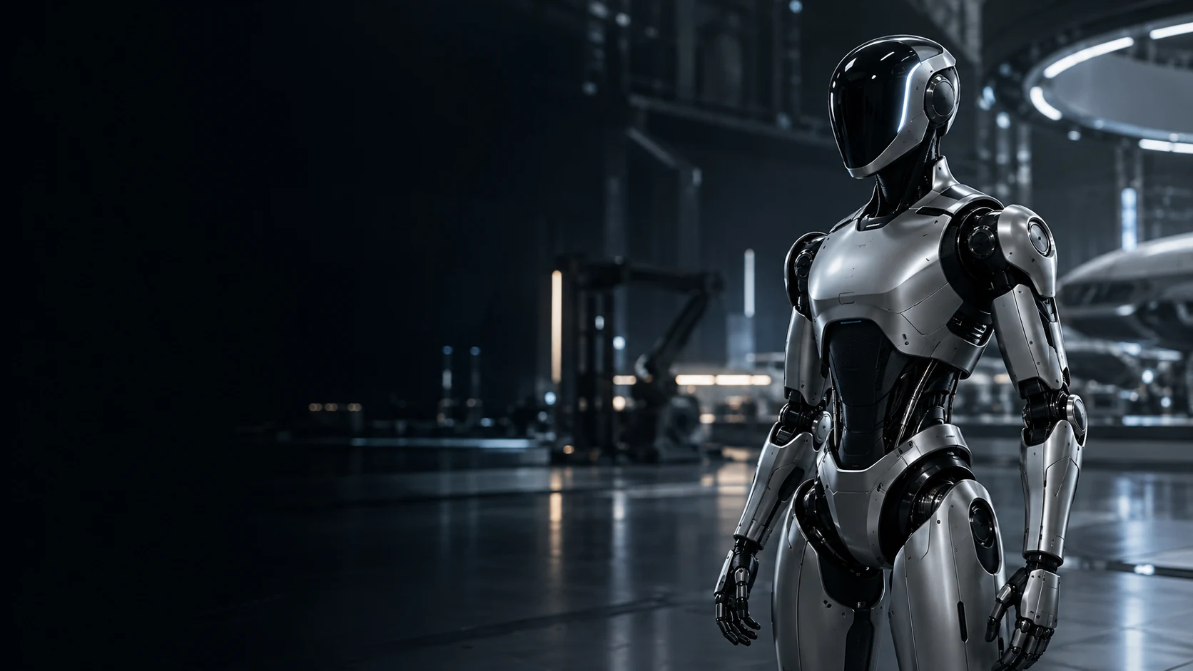 Silver humanoid robot in a dark technology laboratory