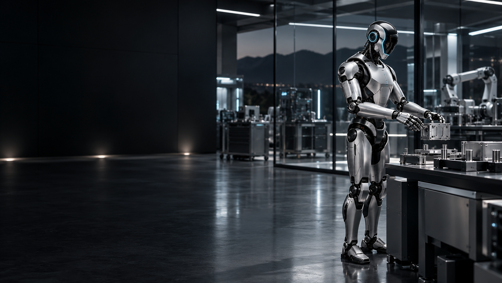 Silver humanoid robot handling a precision component in an advanced robotics laboratory