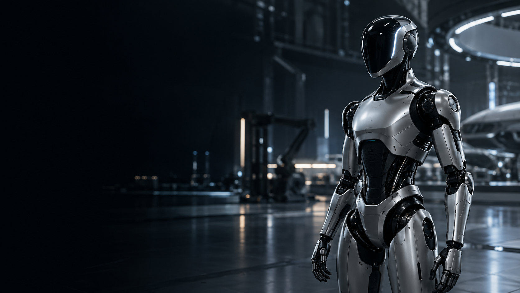 Silver humanoid robot in a dark technology laboratory